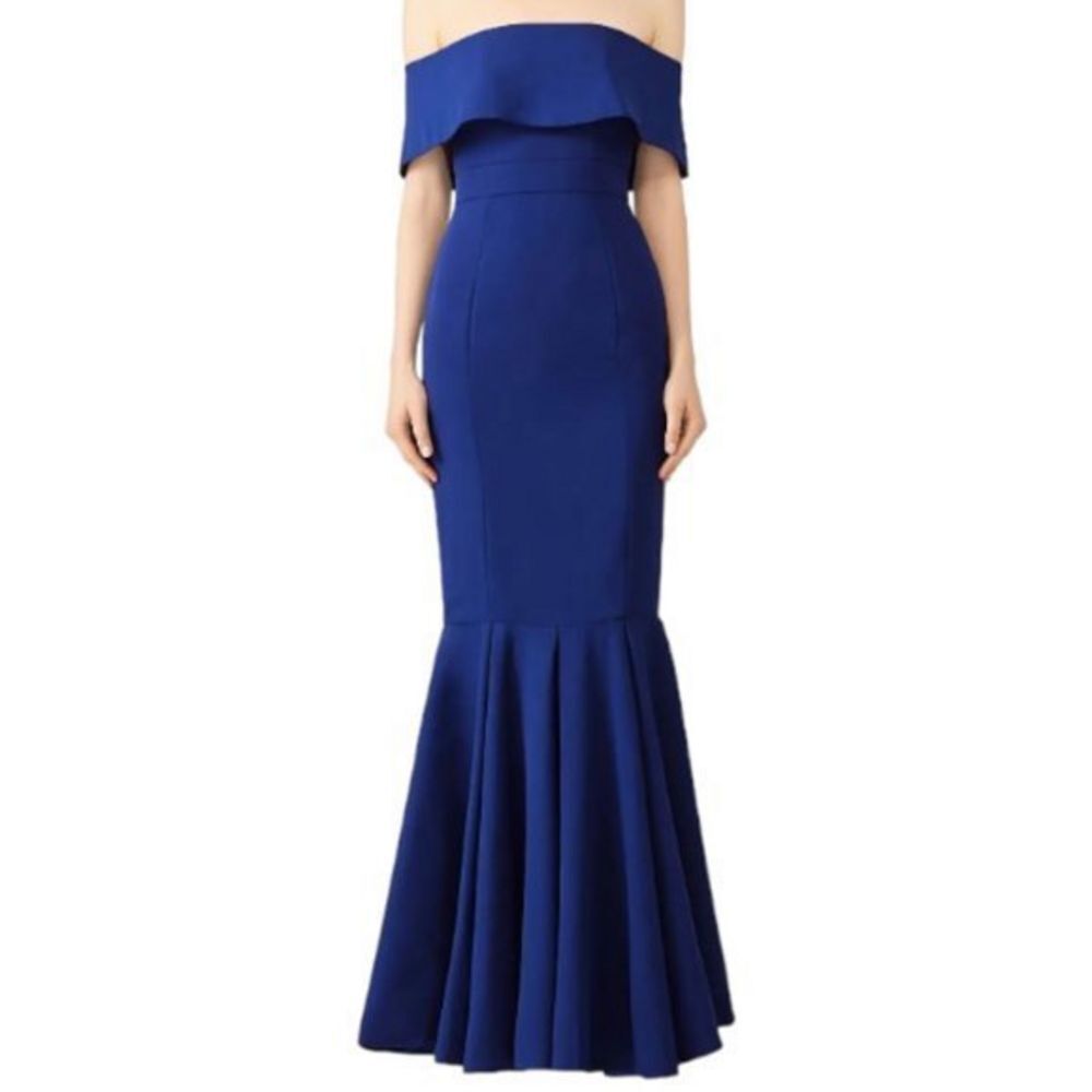 Fame and Partners Royal Jennifer Gown 0 Blue‎ Off Shoulder Mermaid Bodycon Flare